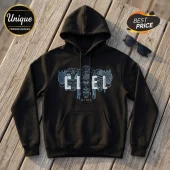 Black cotton hooded sweatshirt with light blue graphic print of traditional African masks and the text CIEL and GIMS.!