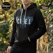 Black cotton hooded sweatshirt with light blue graphic print of tribal masks and white GIMS text on front.!