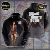 Black hooded sweatshirt with Grand Theft Auto VI graphic, featuring a female character and large white logo on the back.!