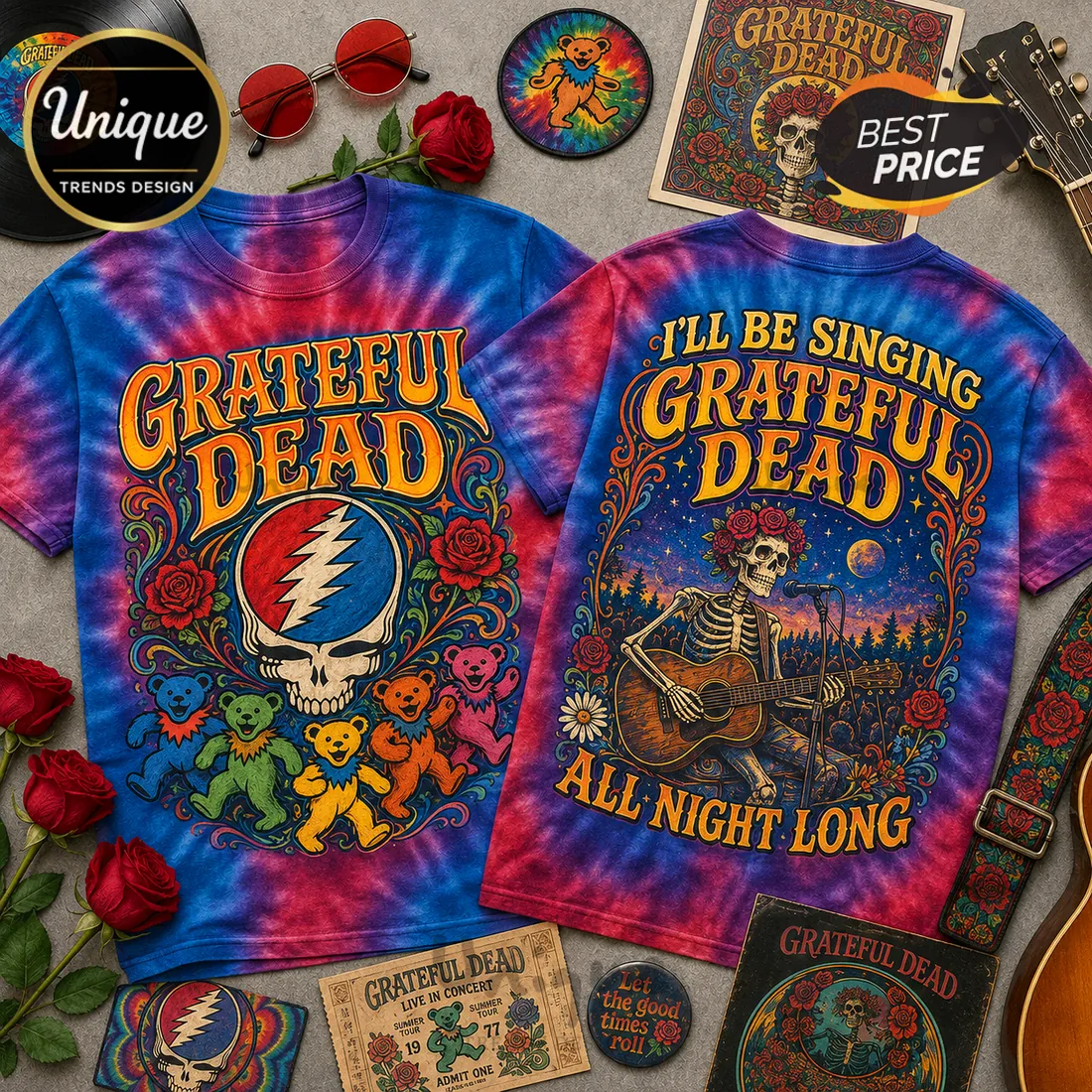 Grateful Dead Skull and Roses Tie Dye T-Shirt Grateful Dead Skull and Roses Tie Dye T-Shirt