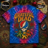 Grateful Dead Skull and Roses Tie Dye T-Shirt in blue and pink with band logo, skeleton skull, and dancing bears graphic.