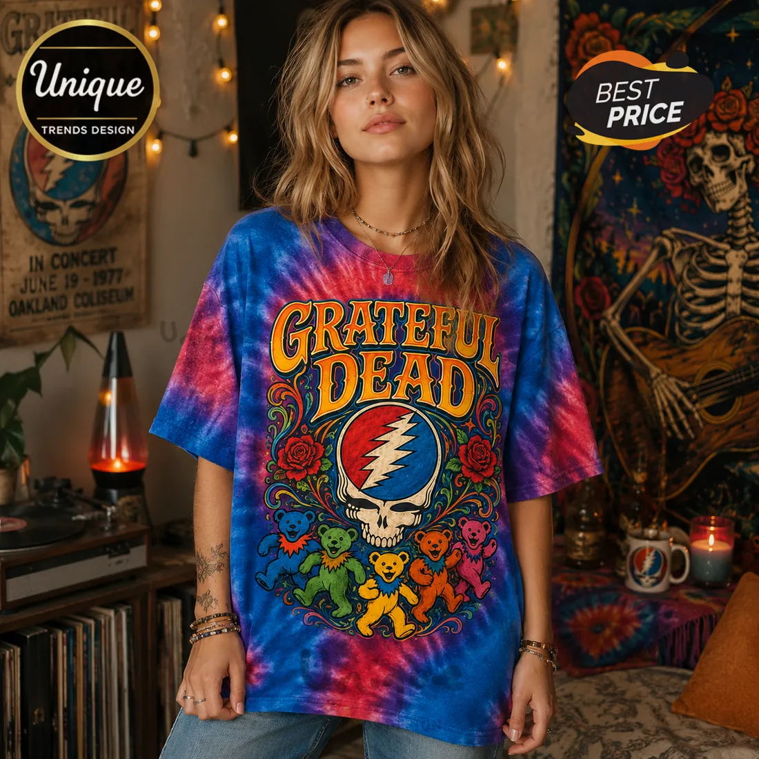 Grateful Dead Skull and Roses Tie Dye T-Shirt Grateful Dead Skull and Roses Tie Dye T-Shirt