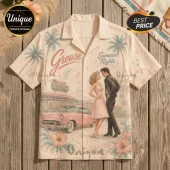 Grease movie button-down shirt with vintage pink car, Sandy and Danny print, palm trees, and summer nights text on cream.!