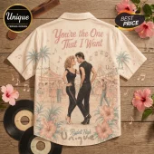 Cream button-down shirt featuring a Grease movie illustration with Danny and Sandy, palm trees, and a carnival background.!