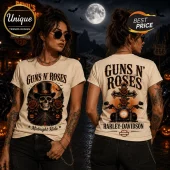 Guns N' Roses x Harley-Davidson Halloween Skull T-Shirt with skull, top hat, roses, and motorcycle cross graphic on cream.