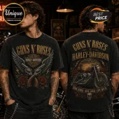Black vintage-wash t-shirt with Guns N' Roses and Harley-Davidson graphics on front and back.!