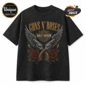 Black vintage-wash t-shirt with Guns N' Roses, Harley-Davidson emblem, crossed revolvers, and red roses graphic print.!
