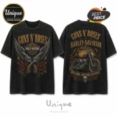 Acid-wash black Guns N' Roses and Harley-Davidson graphic t-shirt featuring revolvers, roses, and a cruiser motorcycle.!
