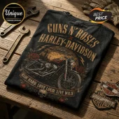 Black cotton t-shirt featuring a Guns N' Roses and Harley-Davidson graphic with a motorcycle, roses, skull, and text.!