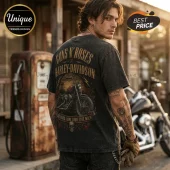 Acid-wash black t-shirt featuring Guns N' Roses and Harley-Davidson graphic with motorcycle, roses, and skull art.!