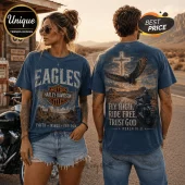 Blue vintage-wash t-shirt with Harley-Davidson logo, desert road, bald eagle, cross, and Psalm 91:11 graphic print.!