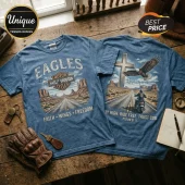 Blue vintage-wash t-shirt with Harley-Davidson logo, desert highway graphic, eagle, cross, and Psalm 91:11 text on back.!