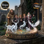 Harry Potter 25th anniversary figurine featuring Hagrid, Harry, Hermione, Ron, Dumbledore, McGonagall, and spectral patronuses.!