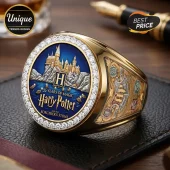 Gold Harry Potter 25th anniversary ring featuring Hogwarts castle, blue enamel inlay, and crystal stone border.!