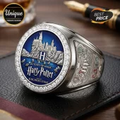 Harry Potter 25th anniversary silver commemorative ring with blue enamel, Hogwarts castle, and white crystal accents.!