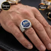 Silver Harry Potter championship ring with a blue enamel center depicting Hogwarts and crystal-studded bezel edge.!