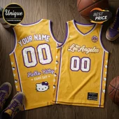 Hello Kitty x Los Angeles Sparks 2026 yellow basketball jersey featuring purple trim, player numbering, and character art.
