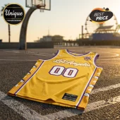 Hello Kitty x Los Angeles Sparks 2026 Yellow Basketball Jersey featuring purple trim, white text, and star patterns.