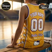 Hello Kitty x Los Angeles Sparks 2026 Yellow Basketball Jersey with purple accents, white number 00, and character print.