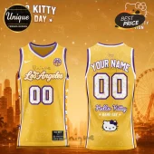 Hello Kitty x Los Angeles Sparks 2026 Yellow Basketball Jersey with purple trim, custom number 00, and character graphics.
