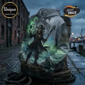 Iron Maiden Run For Your Lives hoodie featuring Eddie as a pirate with a glowing green skull, worn over a wooden post.!