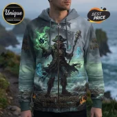 Iron Maiden zip-up hoodie with spectral pirate Eddie print, green ethereal fire, and Run For Your Lives text.!