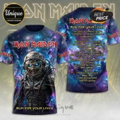 Iron Maiden 2026 World Tour Space Galaxy T-Shirt featuring Eddie in a space suit against a purple and blue cosmic backdrop.