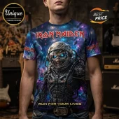 Iron Maiden 2026 World Tour Space Galaxy T-Shirt featuring Eddie in a space suit against a cosmic nebula background.