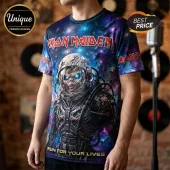 Iron Maiden 2026 World Tour Space Galaxy T-Shirt featuring Eddie in a space suit against a blue and purple nebula print.