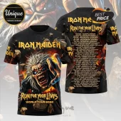 Iron Maiden Run For Your Lives 2026 world tour graphic t-shirt featuring Eddie mascot and global concert dates on back.!