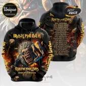 Iron Maiden Run For Your Lives 2026 tour hoodie with Eddie graphic, black background, and tour dates on the back.!
