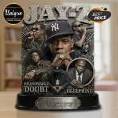 Jay-Z commemorative plaque with multiple portraits, NY Yankees cap, and text reading Reasonable Doubt and The Blueprint.!