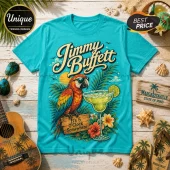 Jimmy Buffett Turquoise Margaritaville T-Shirt featuring a parrot, tropical flowers, and a margarita graphic illustration.
