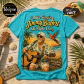 Jimmy Buffett Turquoise Margaritaville T-Shirt featuring a graphic of the singer playing guitar on a tropical beach.