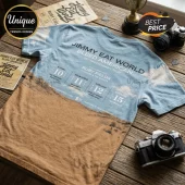 Light blue t-shirt featuring a Jimmy Eat World Bleed American tour print with desert landscape graphics on wood background.!