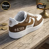 Custom white and brown leather sneakers featuring the text JOYA, a couple icon, and a personalized name placeholder field.!