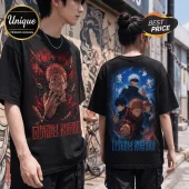 Jujutsu Kaisen King of Curses Double-Sided T-Shirt featuring Ryomen Sukuna on the front and main character trio on back.