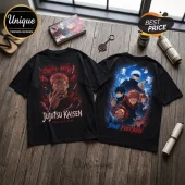 Jujutsu Kaisen King of Curses Double-Sided T-Shirt featuring Ryomen Sukuna on the front and main cast on the back.