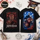 Jujutsu Kaisen King of Curses Double-Sided T-Shirt featuring Ryomen Sukuna on the front and main character trio on back.