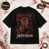 Jujutsu Kaisen King of Curses Double-Sided T-Shirt featuring Ryomen Sukuna in black and red ink on a black cotton base.