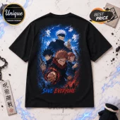 Jujutsu Kaisen King of Curses Double-Sided T-Shirt featuring Satoru Gojo, Yuji Itadori, Megumi, and Nobara graphic print.