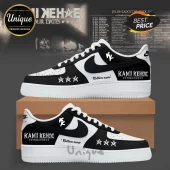 Custom black and white sneakers featuring Kami Kehoe World Tour branding, star icons, and personalized text on a shoebox.!