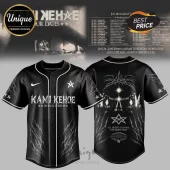 Black baseball jersey with Kami Kehoe World Tour graphics, metal-style font, Nike logo, and back concert stage art.!