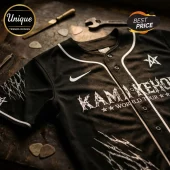Black baseball jersey with white gothic KAMIKEHO World Tour lettering, Nike swoosh, and thorny graphic embroidery.!