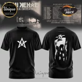 Black cotton t-shirt featuring a white star logo on the front and a stylized portrait with KANDY text on the back.!