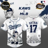Kaws x MLB Los Angeles Dodgers Ohtani jersey featuring white fabric, blue lettering, and Kaws character graphics.!