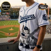 White Los Angeles Dodgers baseball jersey with blue trim and KAWS-style character graphic holding a wooden bat.!