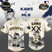 Cream baseball jersey with Milwaukee Brewers branding, KAWS character graphics, and embroidered XX icons on white background.!