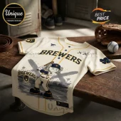Cream Milwaukee Brewers baseball jersey with KAWS-style character graphic, navy blue lettering, and button-front design.!