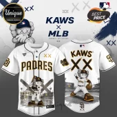 San Diego Padres baseball jersey featuring KAWS character graphics, brown and white colors, and XX eye logos.!